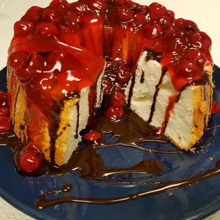 Angel Food Cake with Cherries and Chocolate Sauce added. Summer availability only