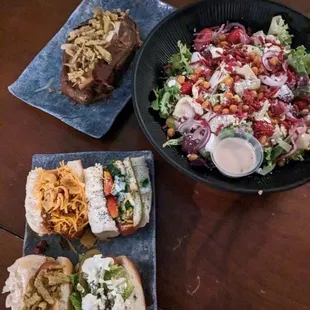 Hot Dog Flight, Mediterranean Salad and Southwest Stuffed Baked Potato