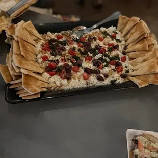 The Hummus Board for sharing.  Our traditional board will feed 2-3.  This was created for a large group.