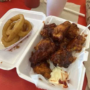 Bbq wings and onion rings.