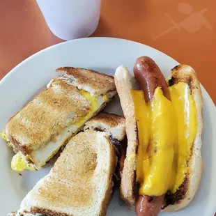 Egg and Sausage sandwich with a cheese dog