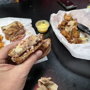 Patty melt and fried cauliflower.
