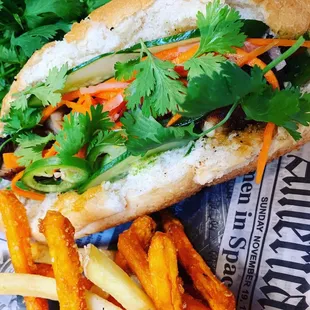 a sub sandwich and french fries