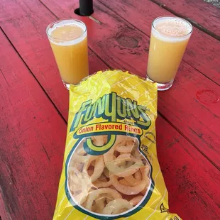Strawberry and Diamond IPAs,with onion ring flavored chips for a crunchy snack