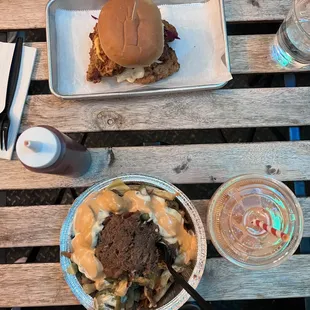 Loaded Kitchen Sink Fries Buttermilk Fried Chicken Burger Thai Iced Tea