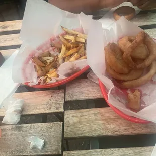 Hand Cut Fries and  Beer-Battered Onion Rings