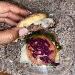 My pitiful burger with missing caramelized onion.