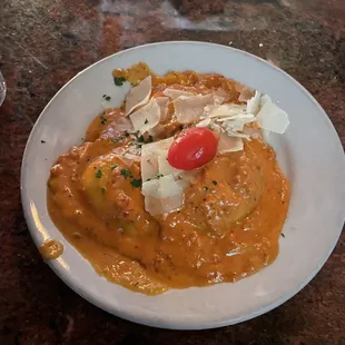 Crab and lobster ravioli with blush sauce