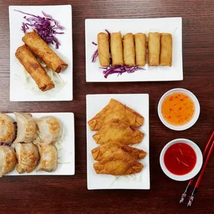 Egg rolls, spring rolls, pot stickers and Crab Rangoon