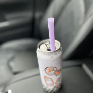 Blended milk boba with taro and tapioca in fun tall boy style plastic can.