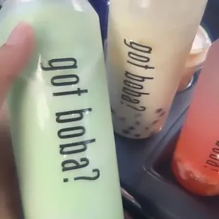 Left to right: green apple blended bubble tea, banana milk tea with tapioca