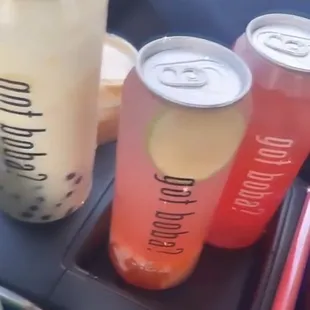 Left to right: banana milk tea with tapioca, strawberry limonade with rainbow jellies, pomegranate limonade with lychee jelly