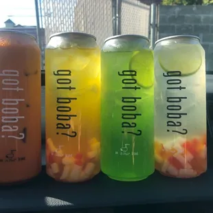 Thai iced tea, passion fruit limeade,  limeade, lychee limeade