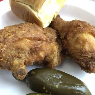 Snack meal (2 pieces dark), mashed potatoes (not pictured) and roll, plus added jalapeños