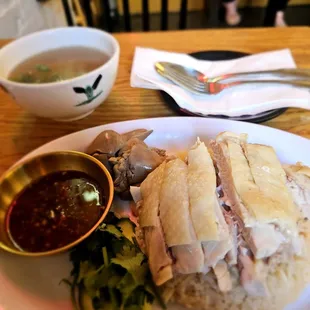 Khao Man Gai (classic.) $14 or rather $16 with the liver. Excellent. Particularly good sauce/rice