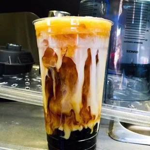 Hazelnut Iced Coffee With Boba.