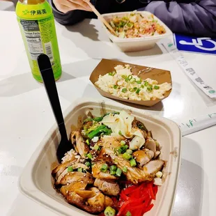 Shoyu chicken ginger, poke bowl regular and green tea