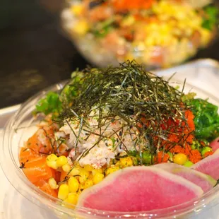 Filled to the brim~  That&apos;s watermelon radish up front and topped with nori (seaweed).  Very filling ^^