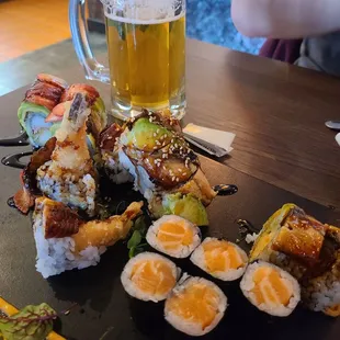 Salmon Roll, Sex on the Beach and Black Dragon rolls