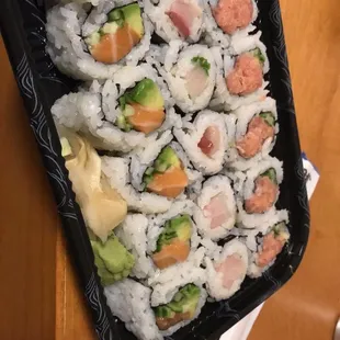 a tray of sushi