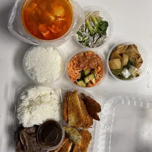 Tofu soup, banchan, katsu and beef combo