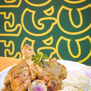 Chicken Tomatillo * potato-poblano hash, garlic rice &amp; corn, tomatillo salsa