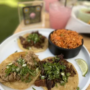 Campechano + Carnitas street tacos with a side of rice