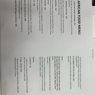 Current African food menu as of April 2024