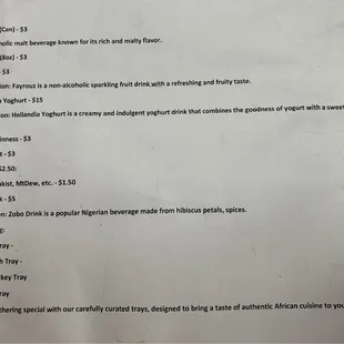 Current drink menu as of April 2024