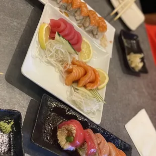 Top: Sunshine Roll Middle: Tuna and Salmon Sashimi Bottom: Ex Ex-Girlfriend Roll