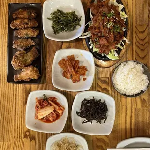 Fried chicken, spicy bbq pork, and sides.