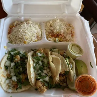 1 shrimp, 2 pollo, 2 sides of elotes