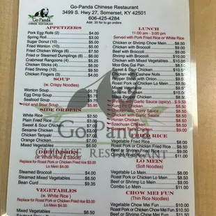 the menu for the restaurant
