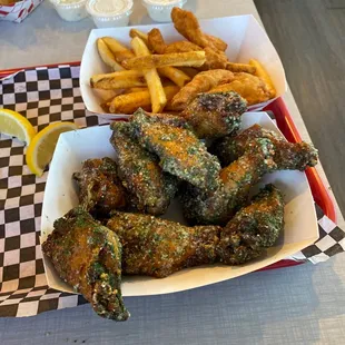 10 piece wings with garlic Parmesan flavor and a shrimp basket