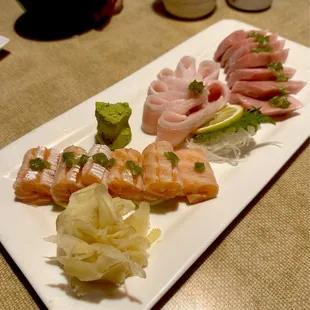 hamachi, sake, and toro belly slices
