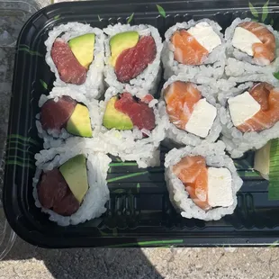 Tuna avocado roll and Philadelphia Roll (usually has more than just cream cheese)