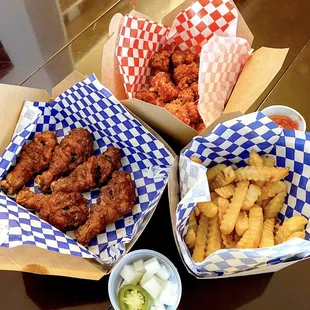 Mild Soy Garlic Drumsticks, Hot Kbbq Drumsticks, and French Fries