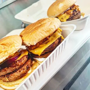 Special order online: customer builds their own burger, double patties, cheese, veggies and bac'n.