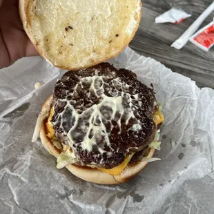 a hand holding a cheeseburger