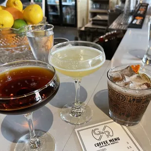 Black Manhattan (left), Bee's Knees Mezcal (center), Old Cocktail Hour (right)-- all delicious!!!
