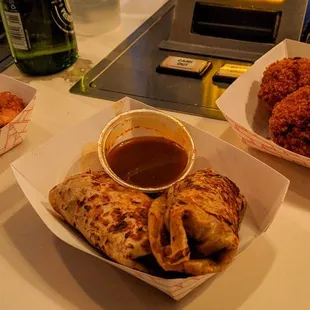 Appetizers: coconut shrimp, birrira burritos, mac &amp; cheese balls.