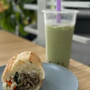 Banh mi and Matcha Milk Tea with boba