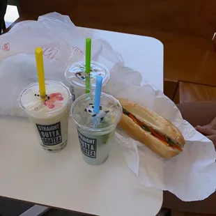 Delicious bubble tea guava fruit tea, Pineapple Smoothie, Lychee Mojito, and banh mi Fried Tofu Sandwich.