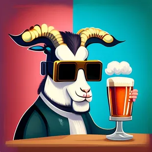 a goat wearing sunglasses and drinking a beer
