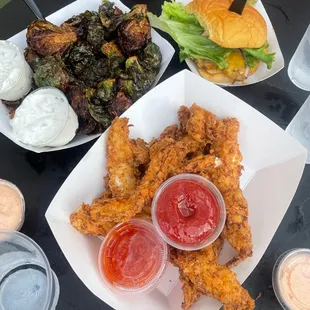 Chicken Tenders, Fried Brussels Sprouts, The Moo Moo Beef Burger