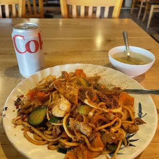 Noodles with veggies and meat of your choice.
