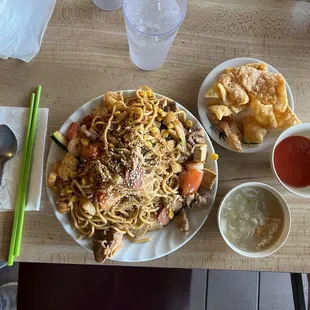Dinner!  Mongolian Noodles, Soup, Fried Wonton