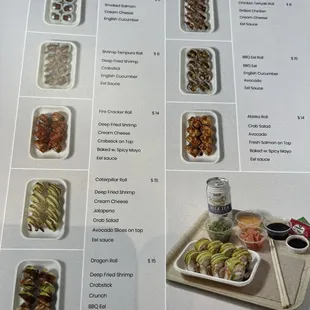menu, sushi and sashimi