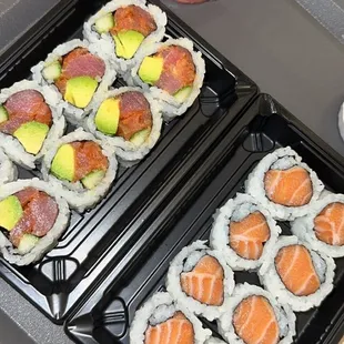 Salmon belly and spicy tuna rolls with masago