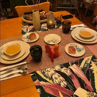 The table is set and here we are having Goddess and the Grocer&apos;s delicious butternut squash apple soup.